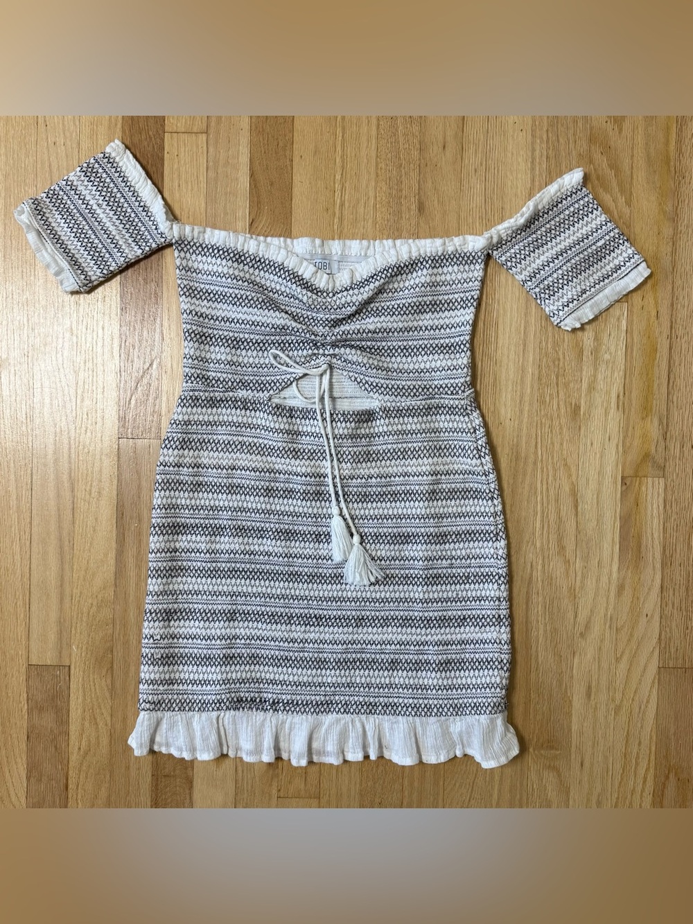 Tobi Nia Bodycon Dress Women's M ivory Navy grey Off The Shoulder Ruffle Summer